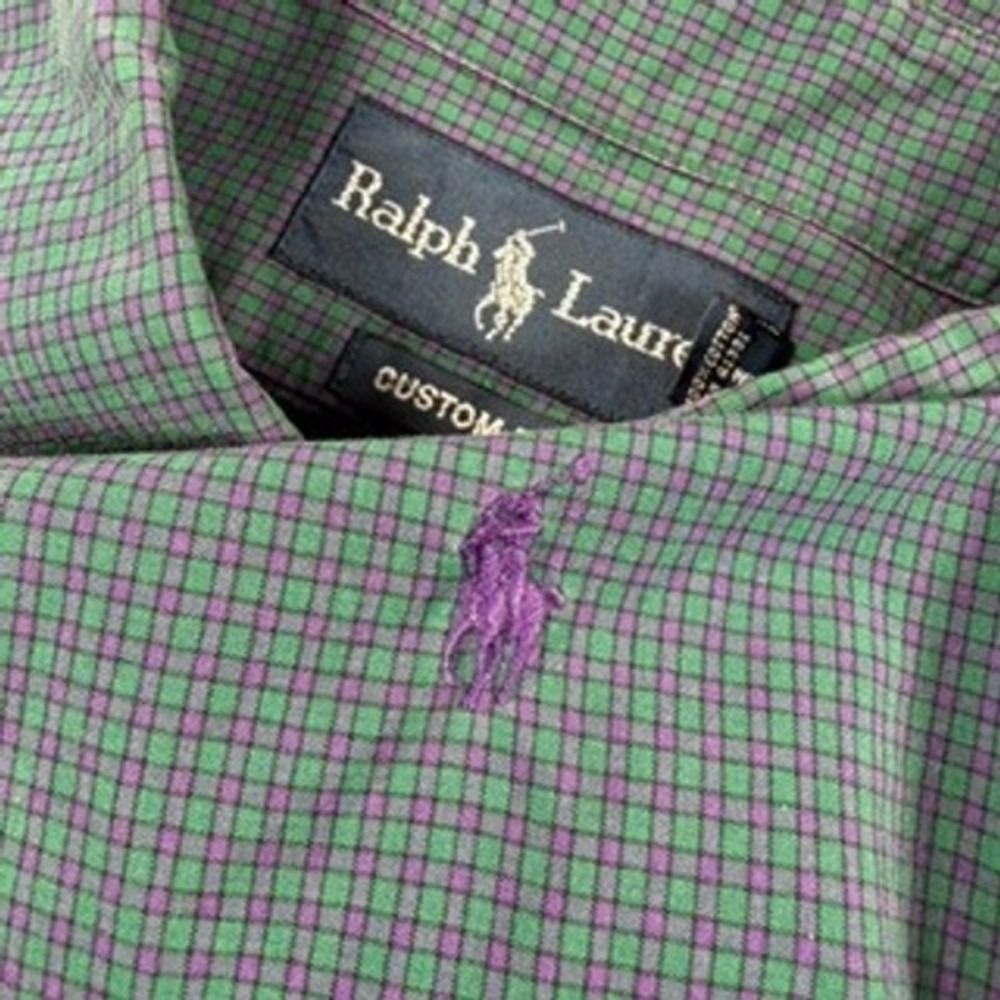 Ralph Lauren Custom Fit Shirt Mens L Green Purple Micro Check Cotton Long Sleeve